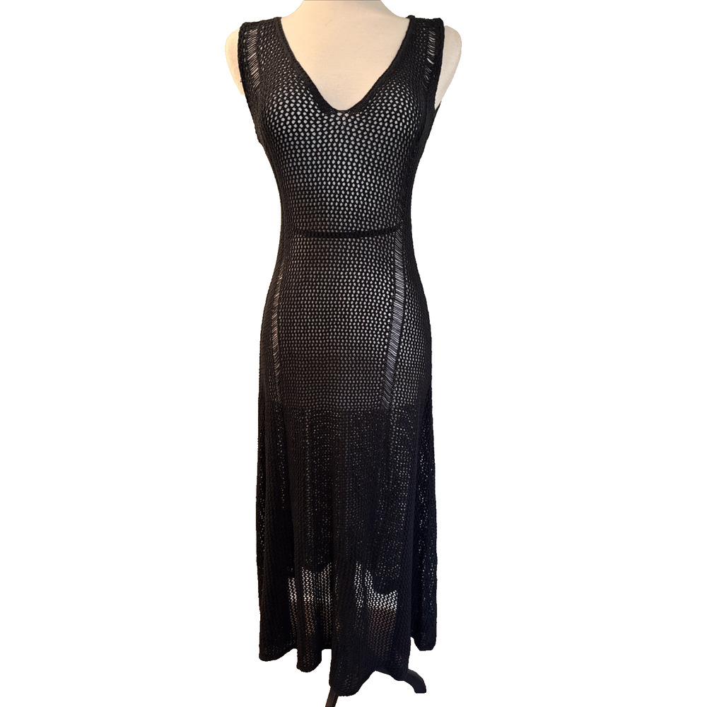 TA3 Black Crochet V‑Neck Midi Dress Coverup XS/S Bodycon Beach Swim